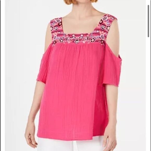 Style & Co Embroidered Cold-Shoulder Top women’s size small - Picture 1 of 6